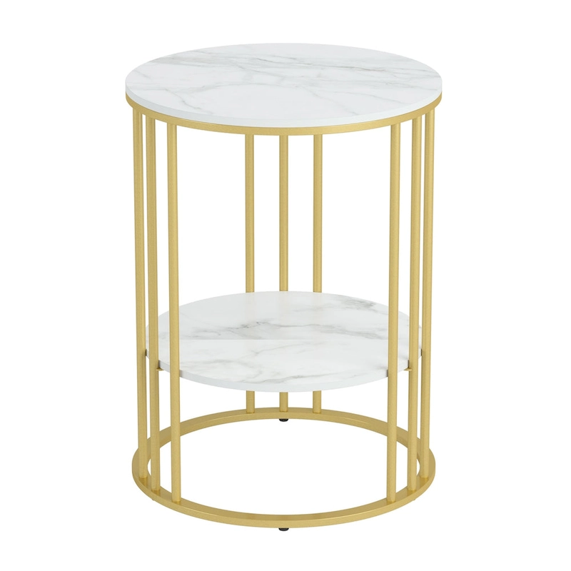 2 Tier Round Sintered Stone End Table Sofa Side Table with Golden Frame