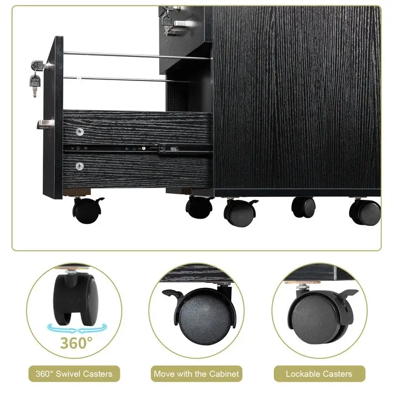 3-Drawer Rolling Wood File Cabinet with Lock