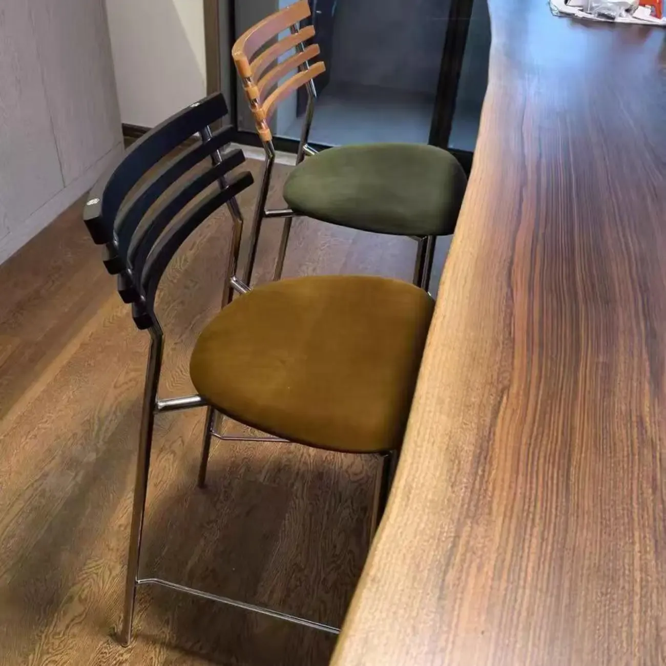Green Leather Saddle Seat Rattan Back Counter Height Stools