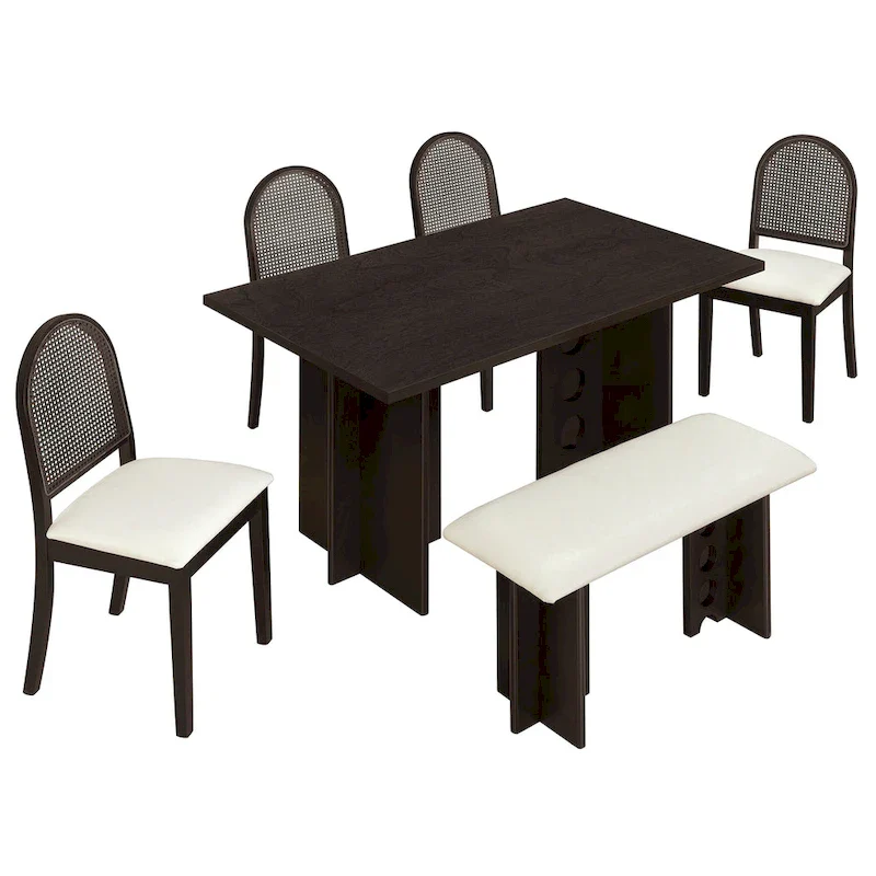 Modern Double Pedestal 6-Piece Dining Table Set with 4 Dining Chairs & 1 Bench