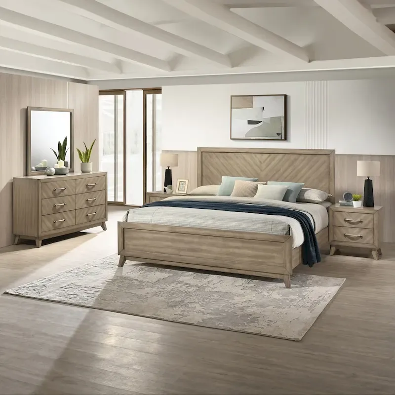Roundhill Furniture Arena Contemporary Wood Bedroom Set: Panel Bed, Dresser, Mirror, 2 Nightstands, Chest in Antique Gray