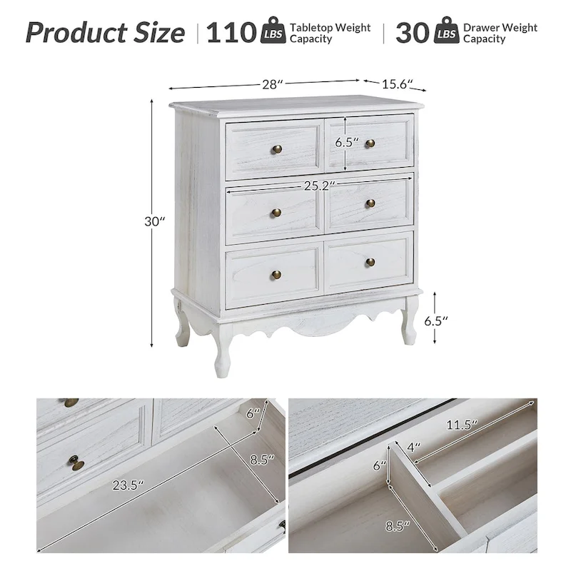 Farmhouse 30Tall Distressed 3-Drawer Nightstand With Solid Wood Legs and Adjustable Feet