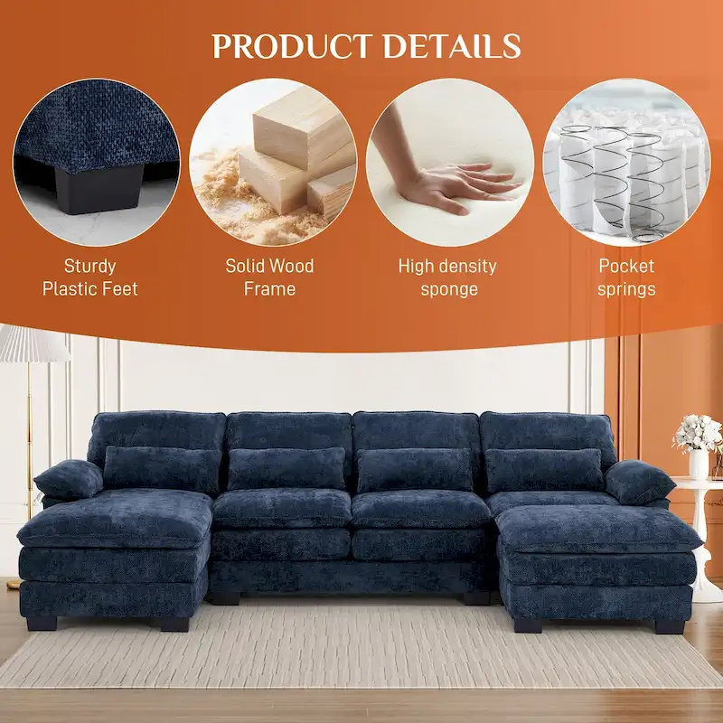Ouyessir Soft Chenille Fabric U-shaped Sectional Sofa Set with Doudle Layer Cushion