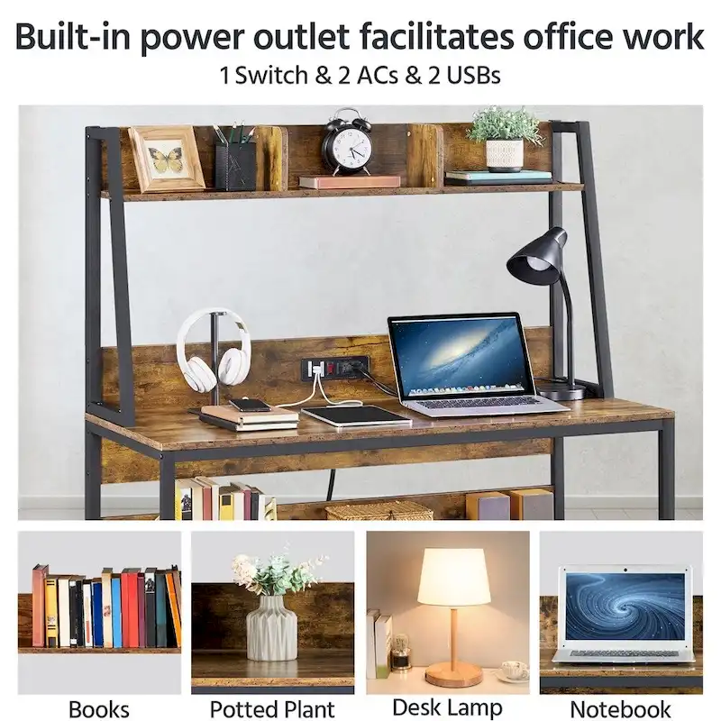 Yaheetech 47.5-inch Home Office Computer Desk with Power Outlet and Elevated Bookshelf