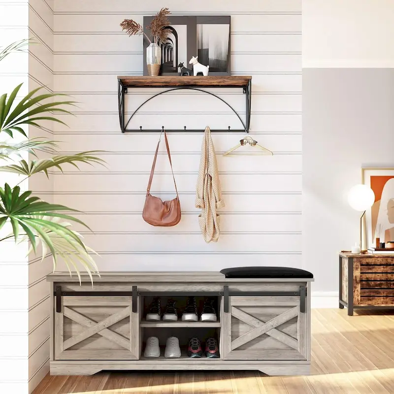 47 Farmhouse Entryway Shoe Bench with Thickened Cushion