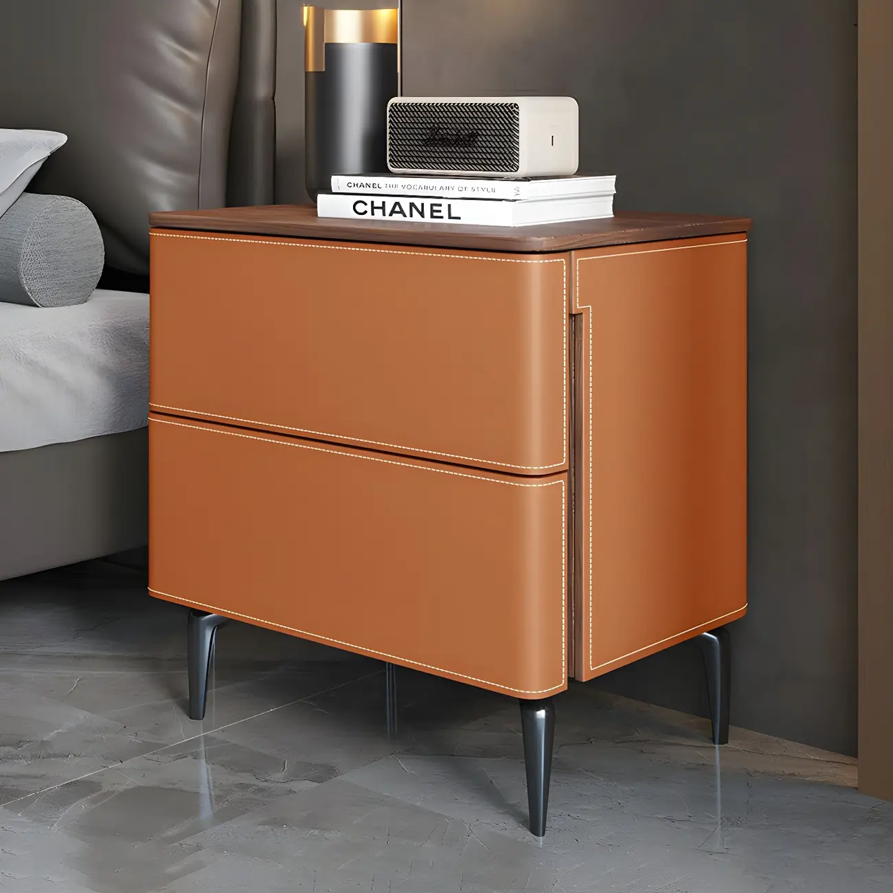 Modern Faux Leather Wood Top Drawers Nightstand