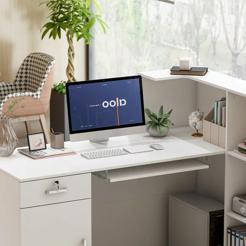 55.1W LShape Wood Reception Desk Computer Desk Keyboard Tray