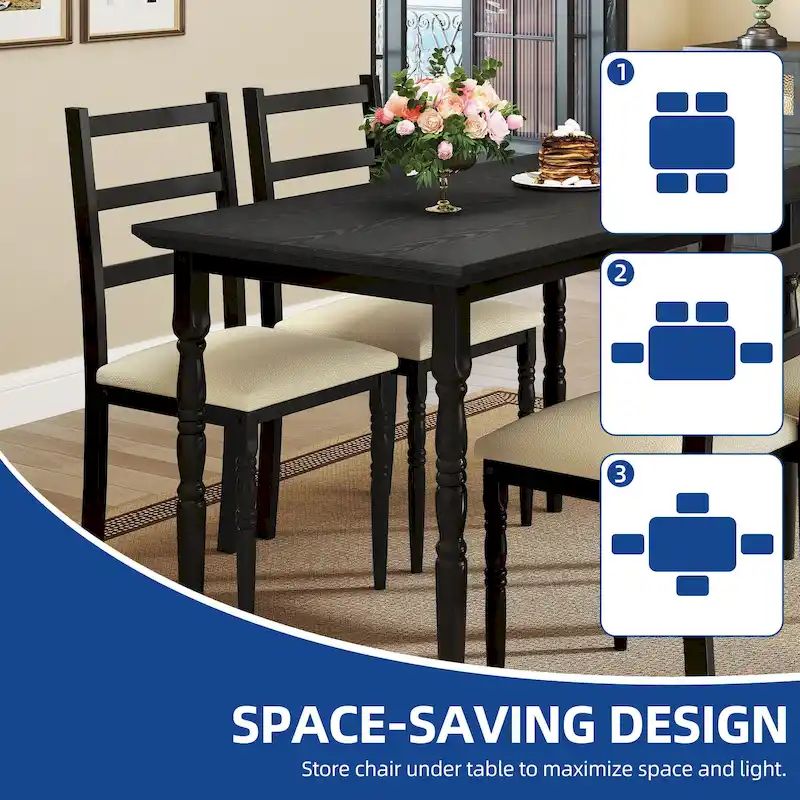 Farmhouse Dining Table Set with 4 Chairs Rectangular Dining Set Roman Column Style Kitchen