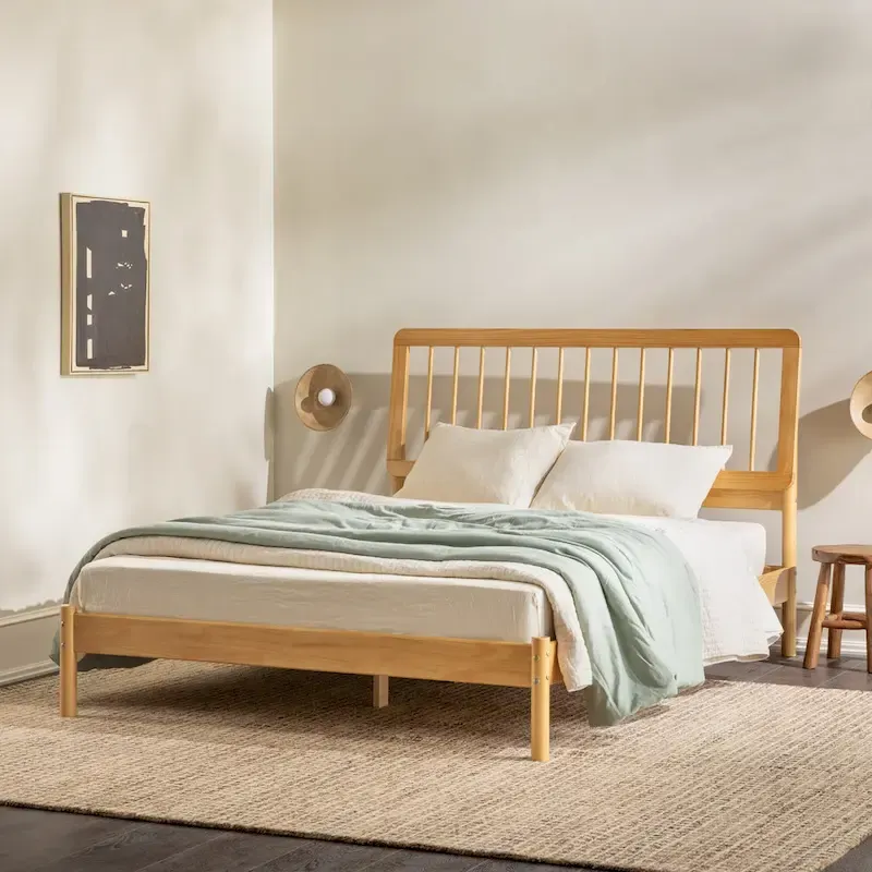 Queen Solid Wood Spindle Bed Frame with Pine Legs – Caramel / Natural Pine / Black, for 1–2 People