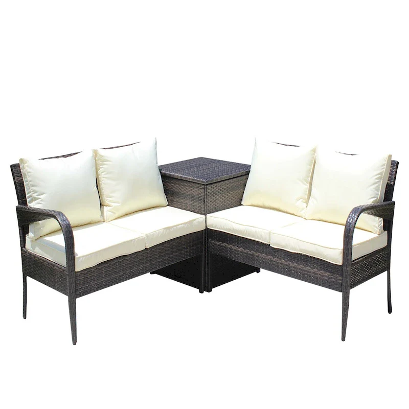 3-Piece Wicker Patio Conversation Set with Beige Cushion