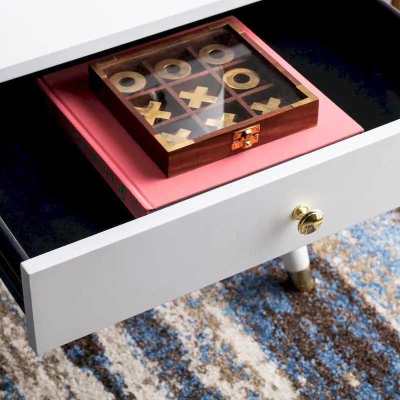 Mid-Century End Table with Brass Caps – Navy / White / Brown, Dark Wood, Single