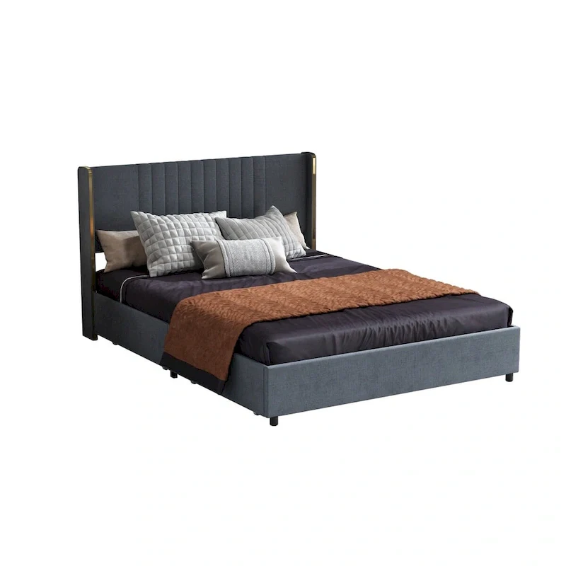 Modern Illuminated Bed Frame with Gold Trim - Chic Upholstered Design
