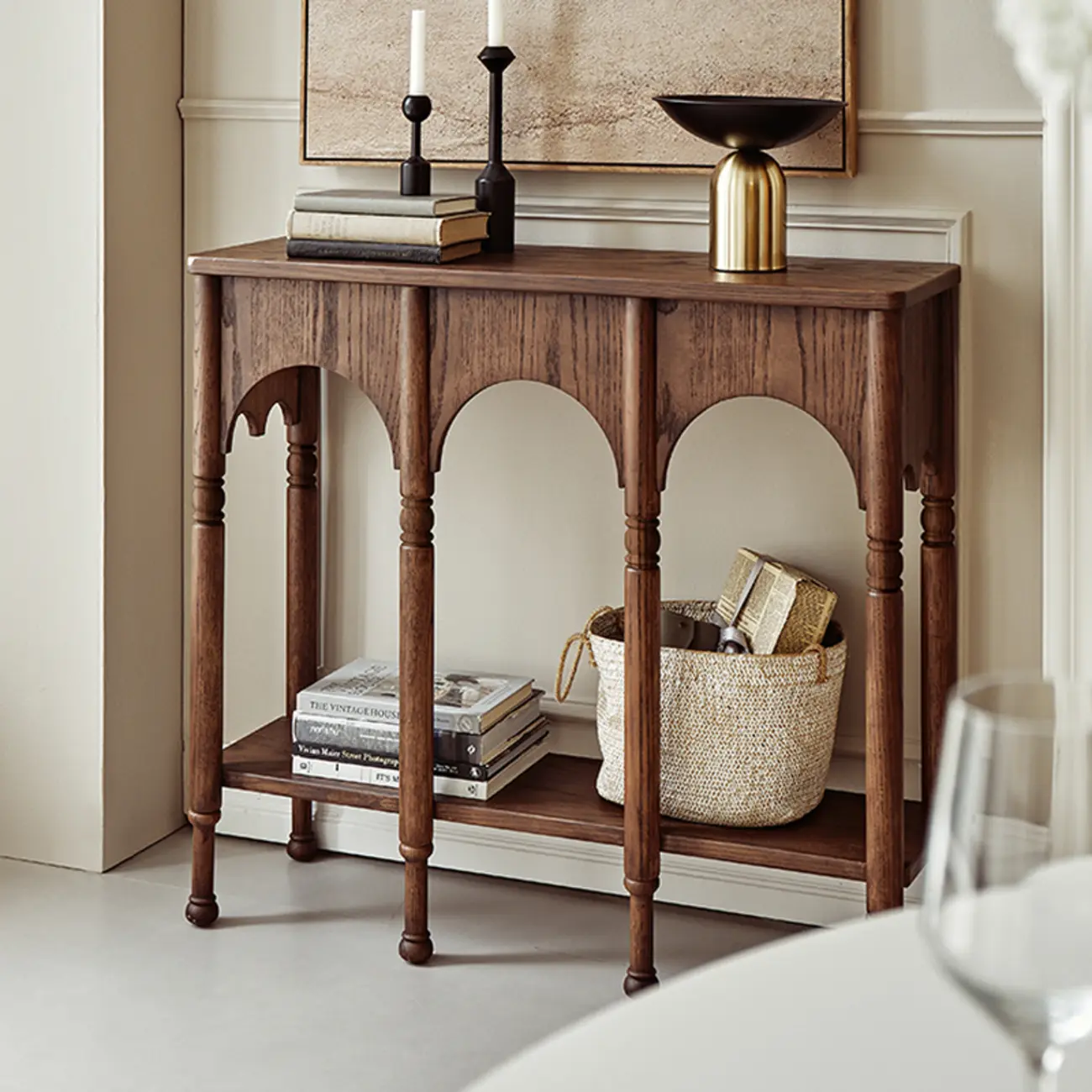 Rectangular Wood Brown Console Table with Shelves
