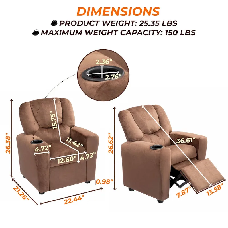Kids Push Back Recliner Chair with Footrest and Cup Holders
