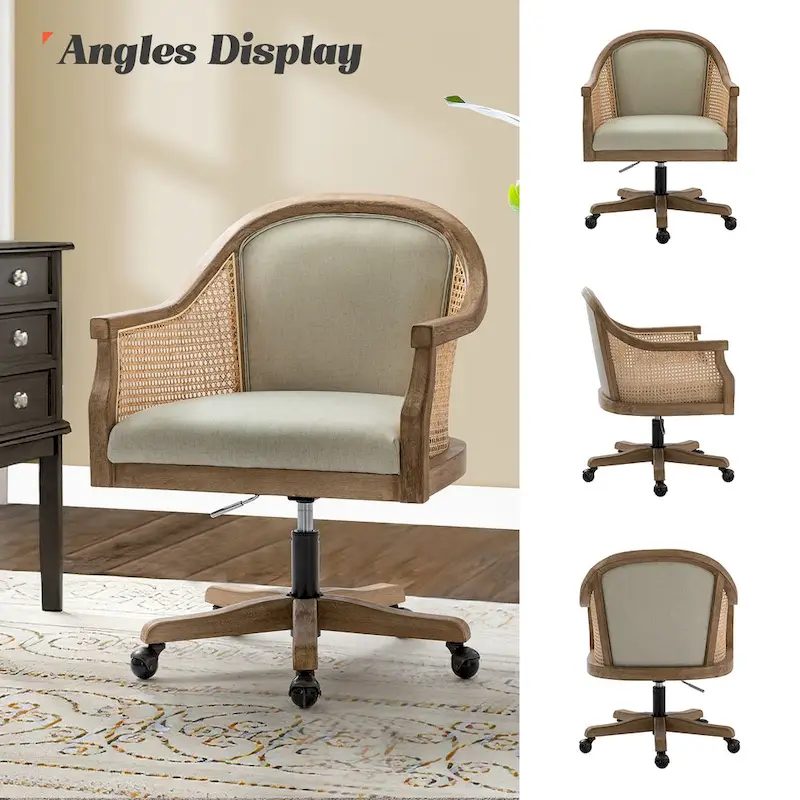 Farmhouse-Style Rattan Office Chair — 360° Swivel, Adjustable Height, Rubberwood Construction