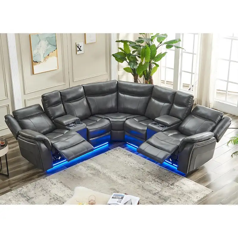Power Reclining Sectional Sofa Couch with LED Light Recliner Faux Leather L-Shaped Cup Holder,USB Port for Living Room Black