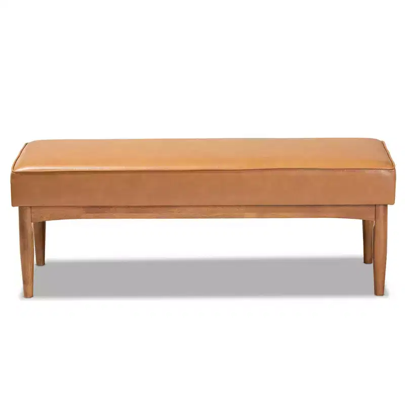Mid-Century Faux Leather Upholstered Wood Dining Bench Walnut/Brown