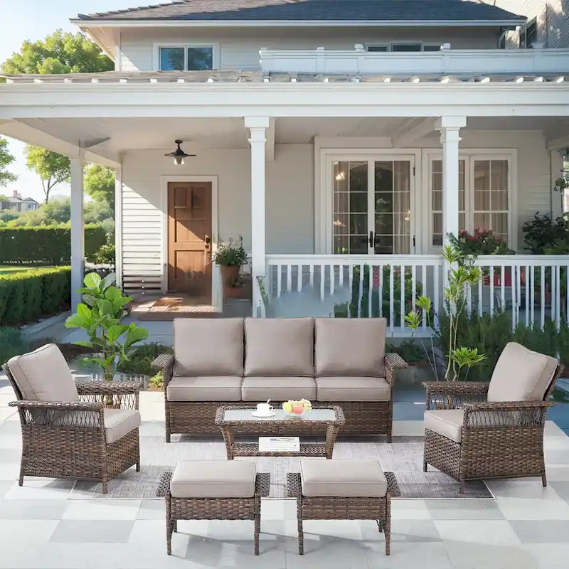 High Back Sofa and 2 Chairs, 2 Ottomans Coffee Table - Brown