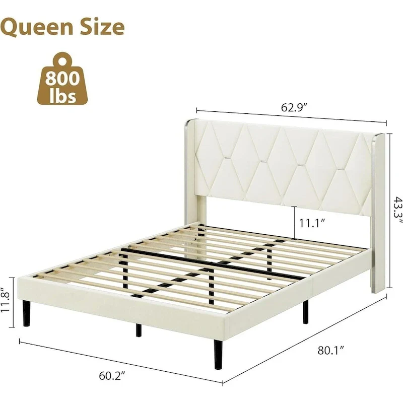 Upholstered Velvet Platform Bed Frame with Wingback Headboard – Yellow, Queen