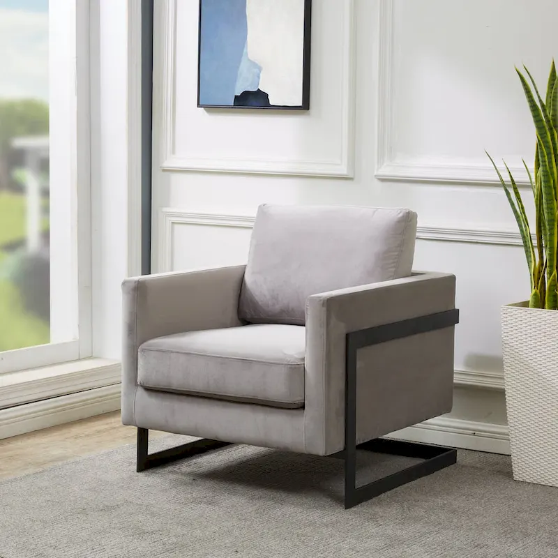 LeisureMod Lincoln Modern Velvet Arm Chair with Black Steel Frame - 35