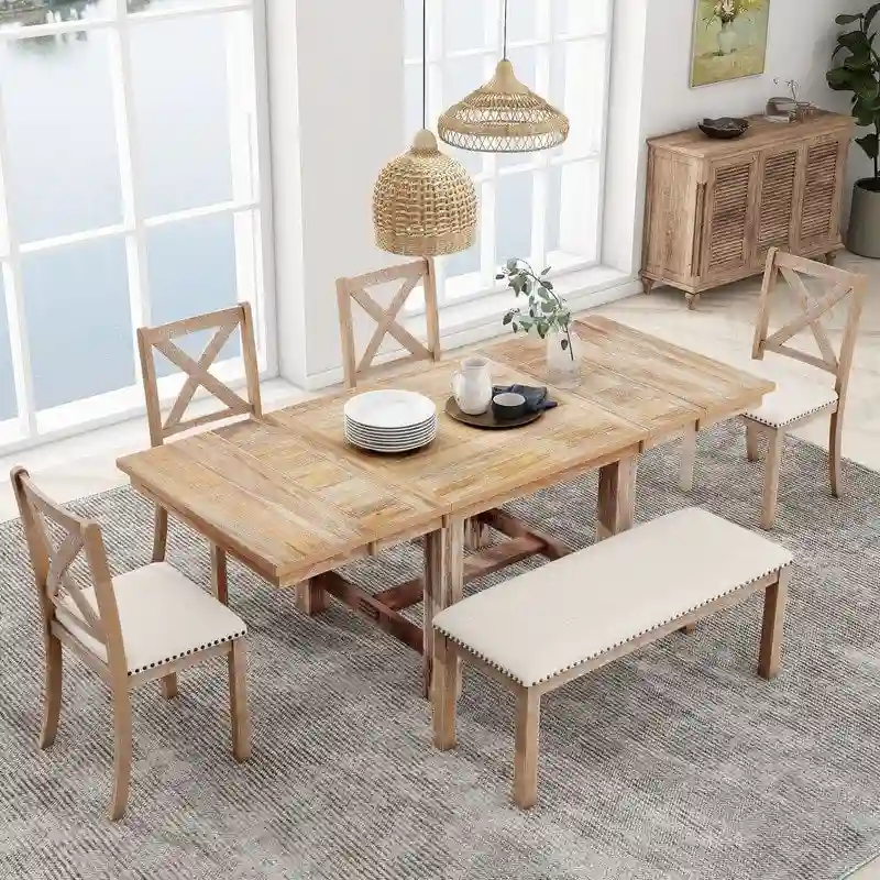 6-Piece Dining Kitchen Table Set, Extendable Wood Dining Table, 4 Upholstered Dining Chairs and Bench, Two 11 Removable Leaf