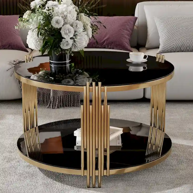 Modern Black Mirror Coffee Table with Gold Finish & Lower Shelf by Harper&Bright Designs
