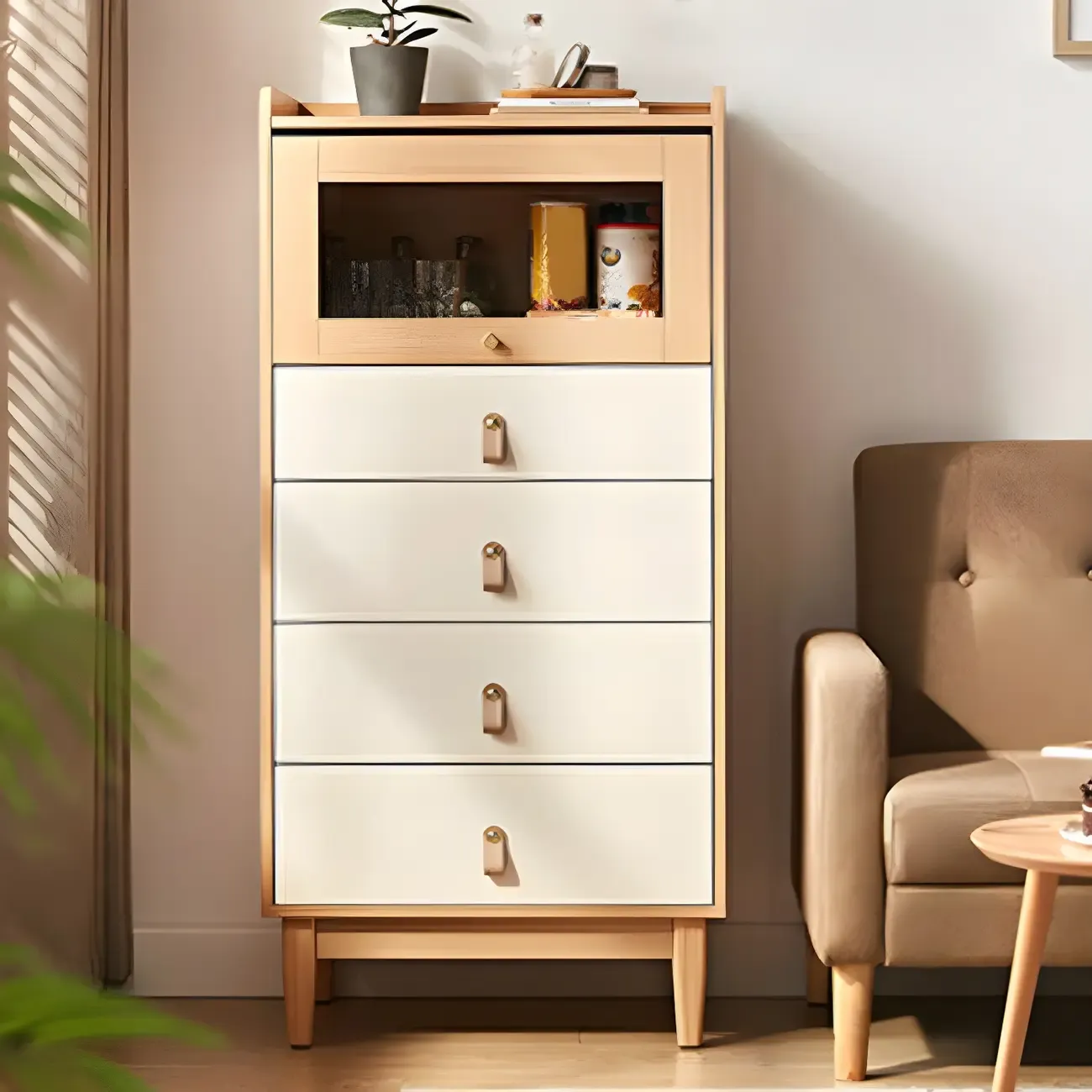 Durable Natural Finish Light Wood and Glass Drawers Dresser