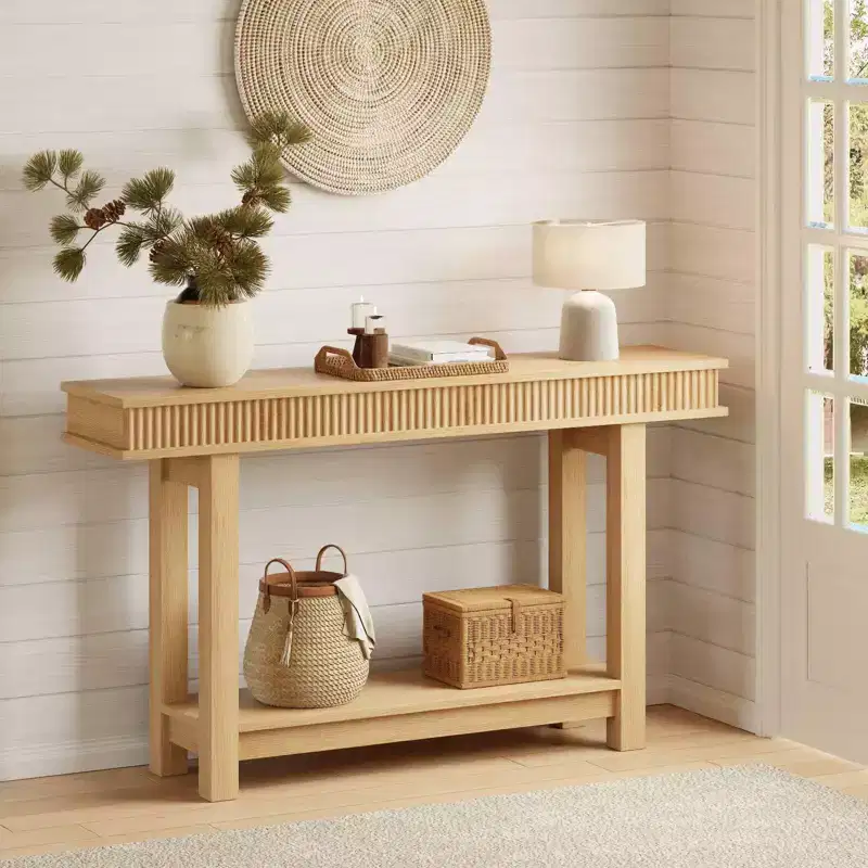 Brown / Natural 2-Tier Narrow Console Table with Storage Shelf