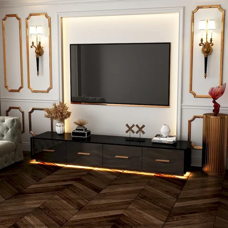 Black Entertainment Center Spacious Luxurious TV Stand Golden Accents - 70.9