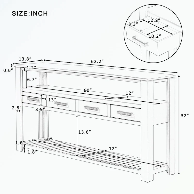 Console Table with 4 Drawers and 2 Shelves