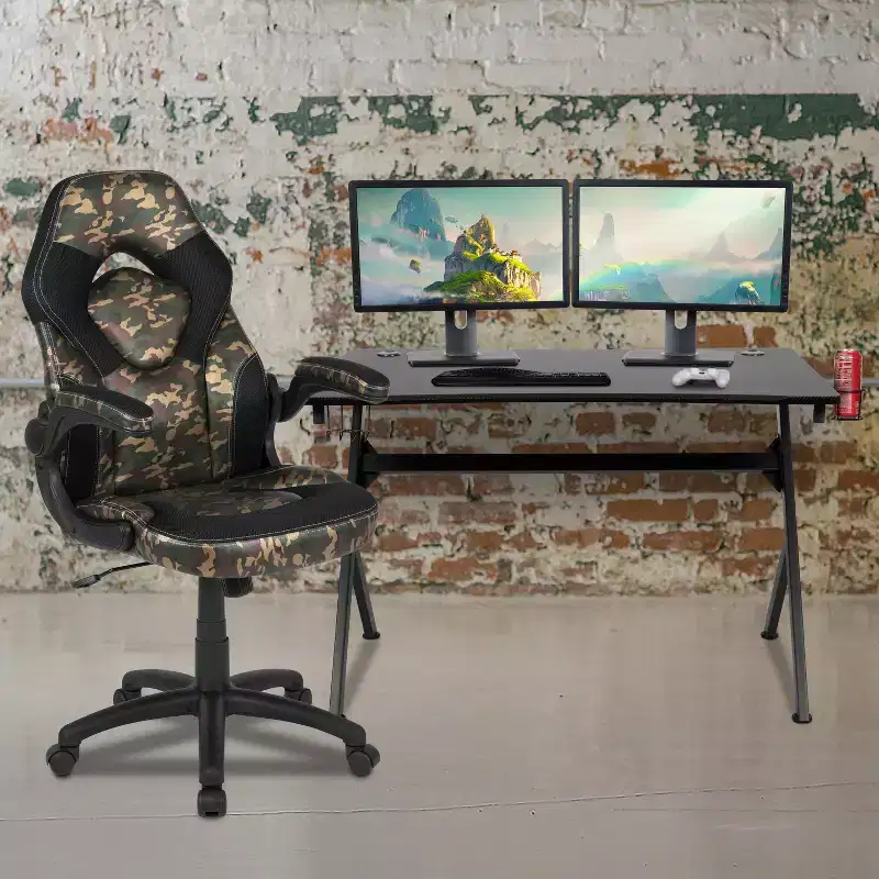 Flash Furniture Gaming Desk and Racing Chair Set with Cup Holder, Headphone Hook & 2 Wire Management Holes