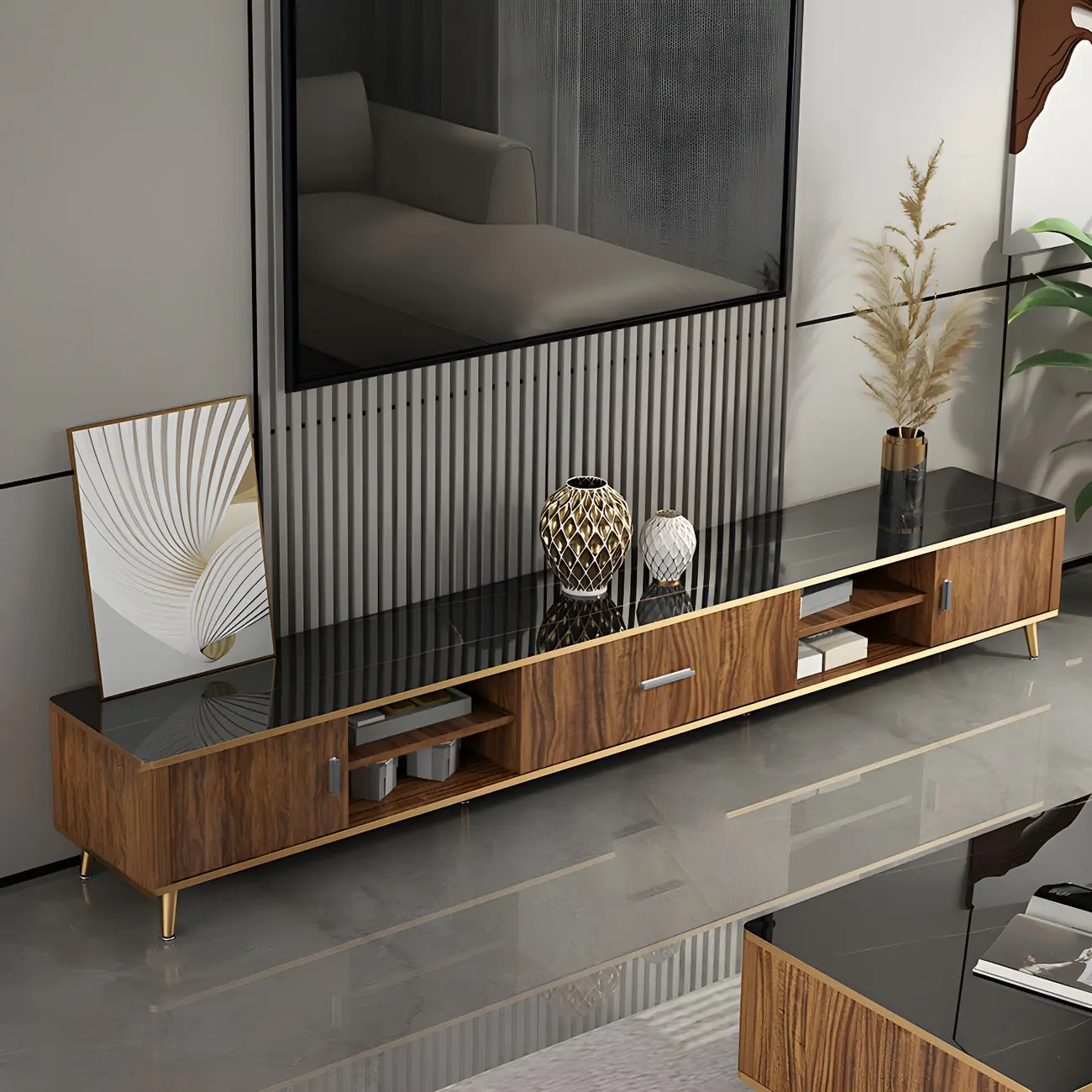 87 Glam Brown Stone Top Solid Wood Open Shelf TV Stand