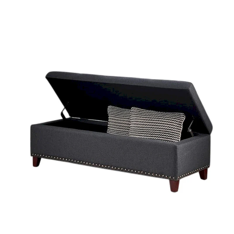 Storage Ottoman Bench, 51 Inch Dark Gray Fabric, Brass Nailhead Trim