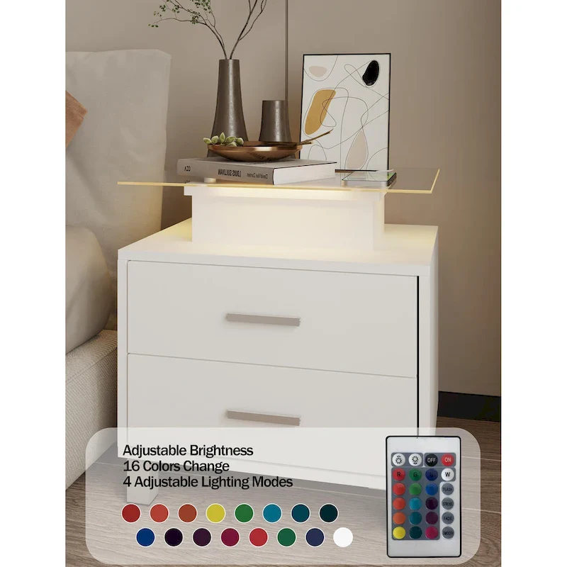 Modern Nightstand with Charging Station and LED Lights - 2 Drawers