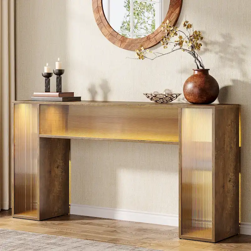 63 Inches Farmhouse Console Sofa Table with LED Lights for Entryway - 62.99 W x 11.81 D x 33.07 H