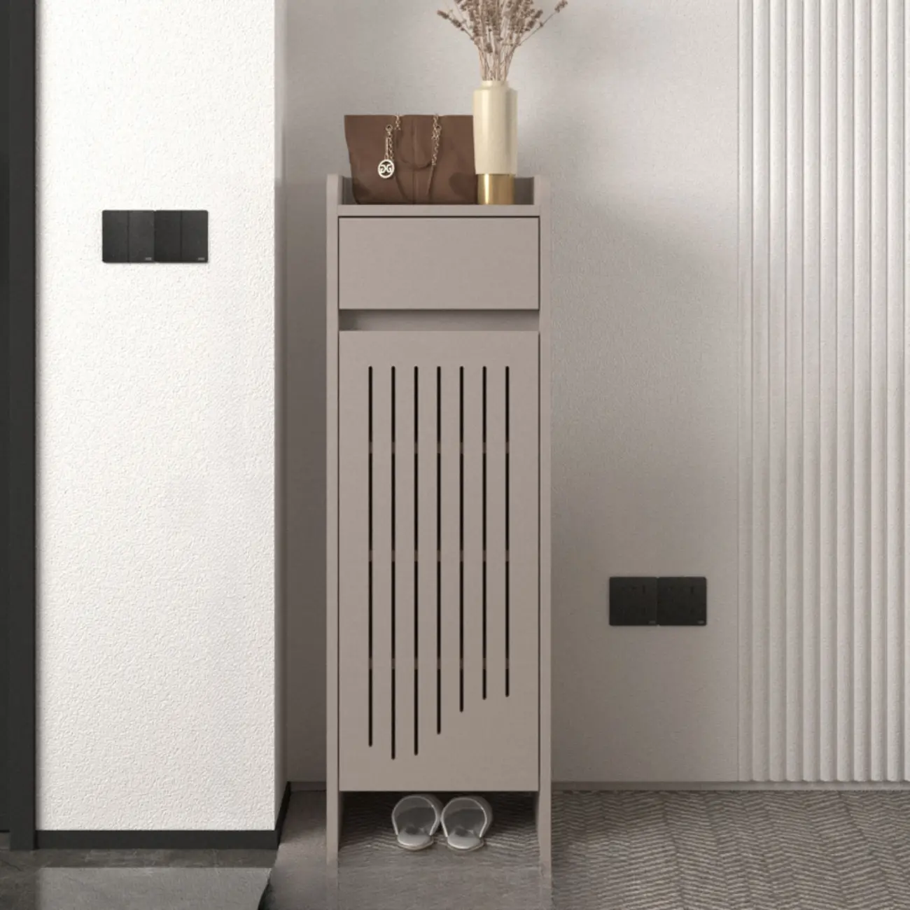 Modern Slim Wood Beige Entryway Shoe Cabinet