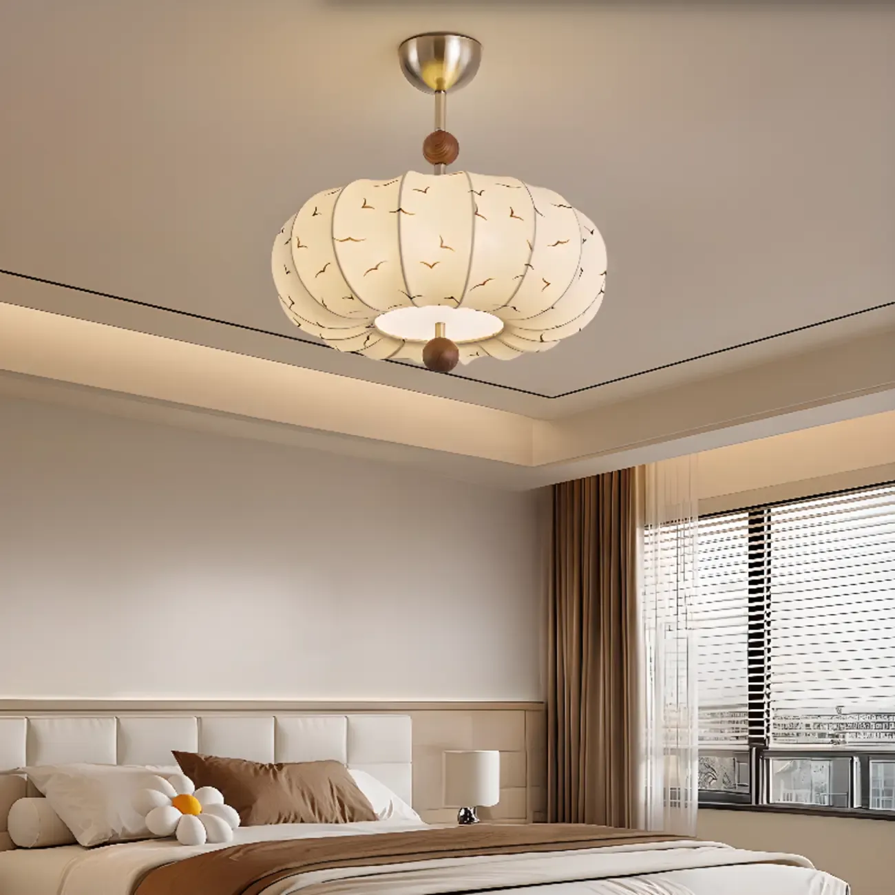 Modern Off-white Fabric Pendant Light with 5-Light & LED