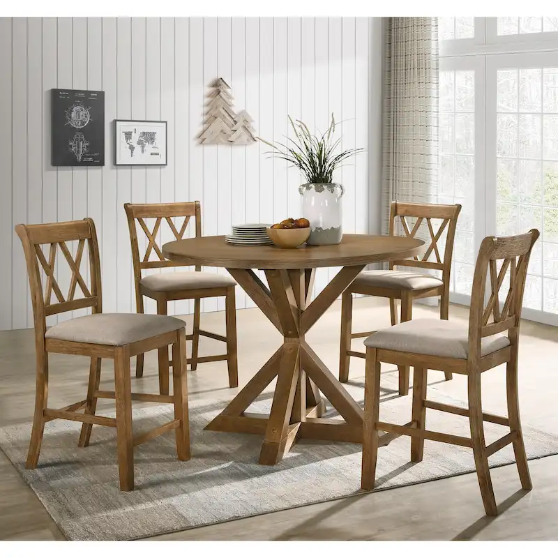 Wooden Round Dining Table and Chair Sets Rustic Farmhouse Dining Table and Chair Sets with Crossbuck Pedestal Table Base