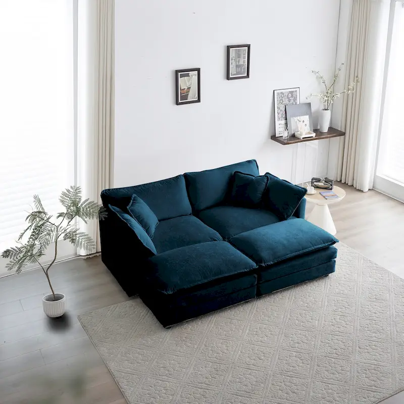 4 - Piece Upholstered Sectional Sofa with Ottoman Blue