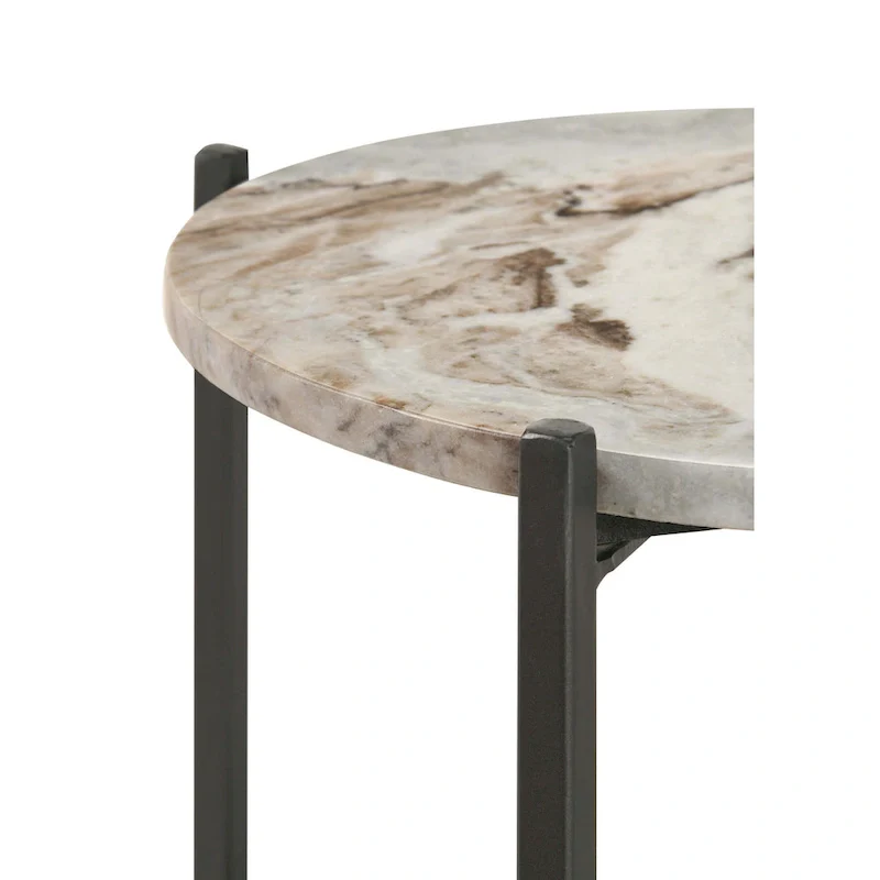 20 Inch Accent Table, Round Marble Top, 1 Shelf, Brown, Gunmetal Finish