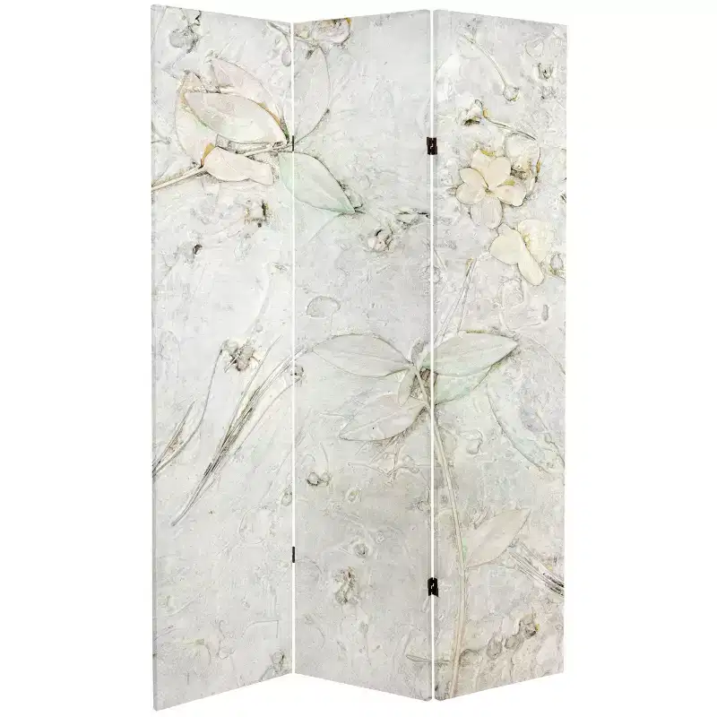 6" Double Sided Flowers Canvas Room Divider Ivory - Oriental Furniture: Adjustable 3-Panel, Spruce Wood Frame