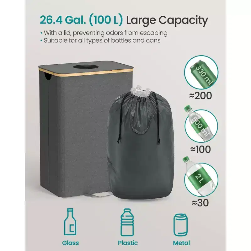 26 Gallon Recycling Bin, Bottle Recycling Container with Inner Bag & Collection Hole, Foldable Design, Slate Gray & Beige