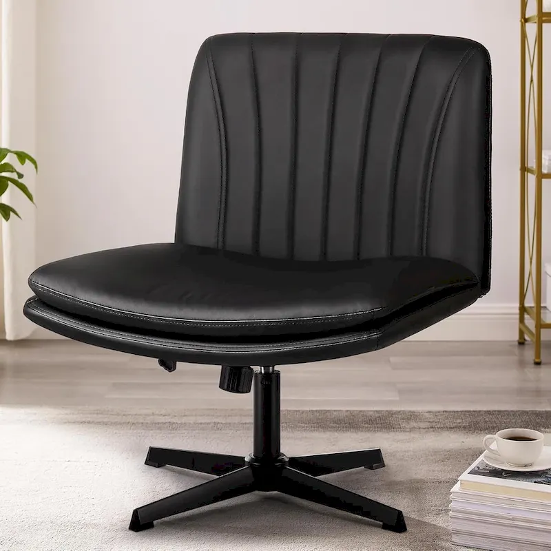 Criss Cross Chair Armless Office Desk Chair No Wheels,PU Leather Padded Modern Swivel Vanity Chair office chair