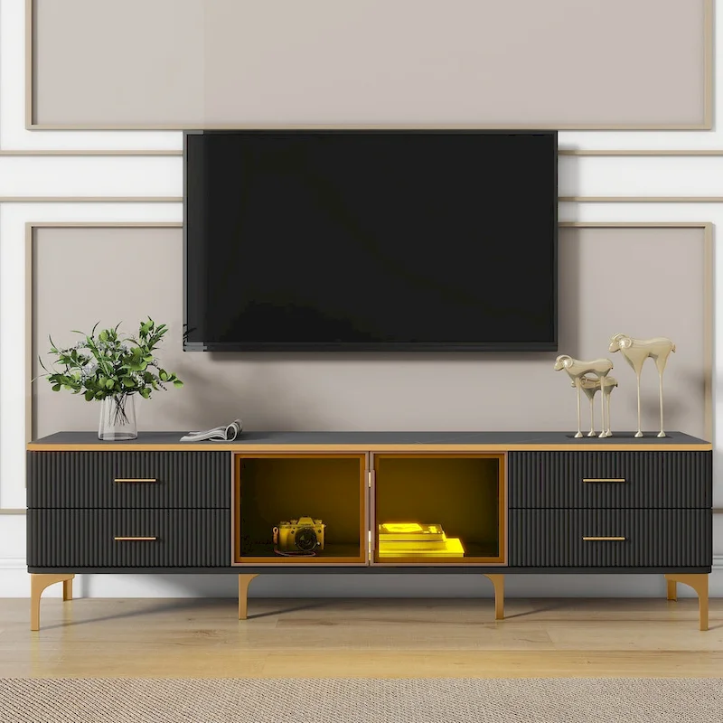 Media Console Table with Glass Storage Cabinet,Golden Legs & Handles