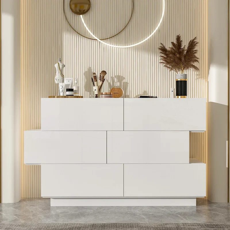 High Glossy Six-Drawer Dresser Chest with Off-Set Design (Black/White)