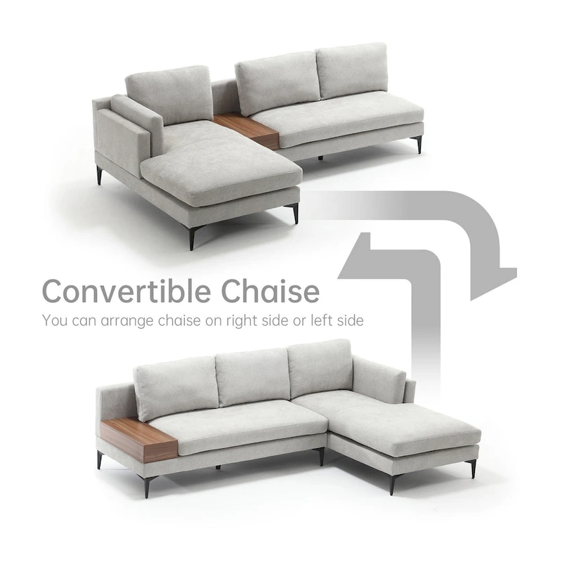 Modular U-shaped Linen Reversible Sofa with a Wooden Side Table Box and Reversible Design