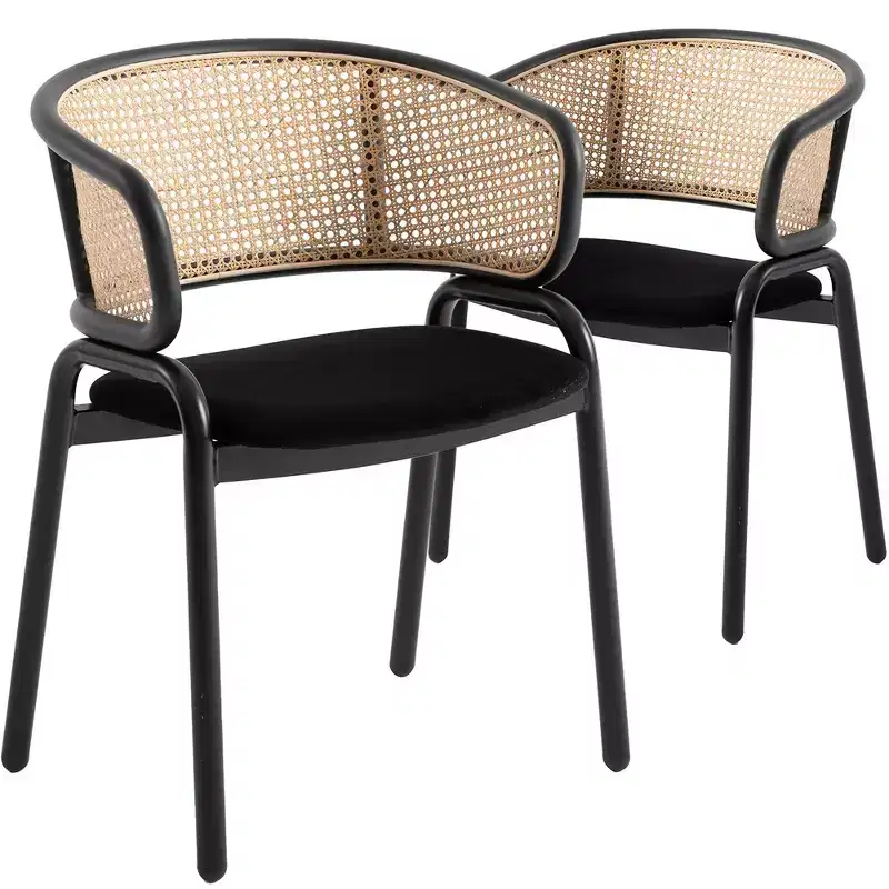 Velvet Upholstered Dining Chair with Woven Rattan Back, Set of 2
