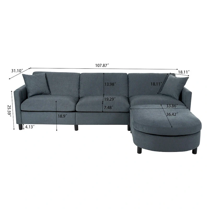 108 Modern Fabric Sectional Sofa with Ottoman and Pillows