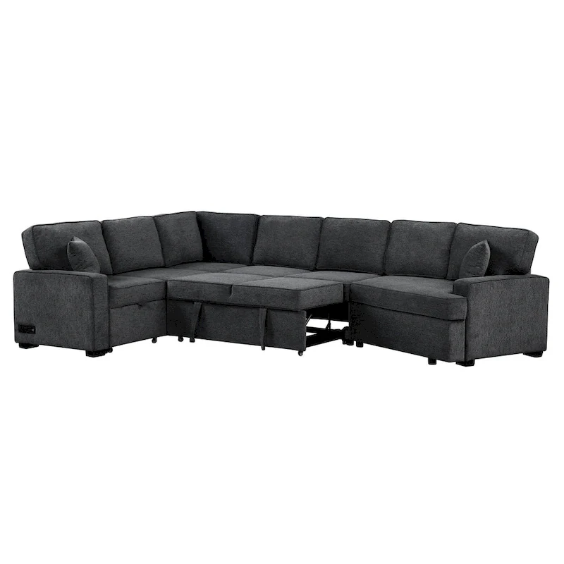 Black 126  L-Shaped 6-Seater Sofa with Pull-Out Bed and Cup Holders