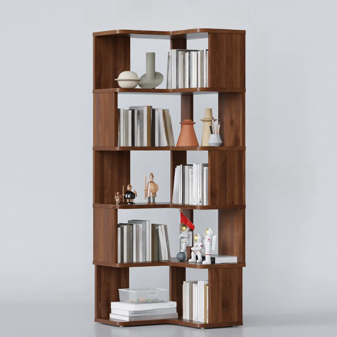 6-Tier L-Shaped Wood Nut-Brown Open Corner Bookcase